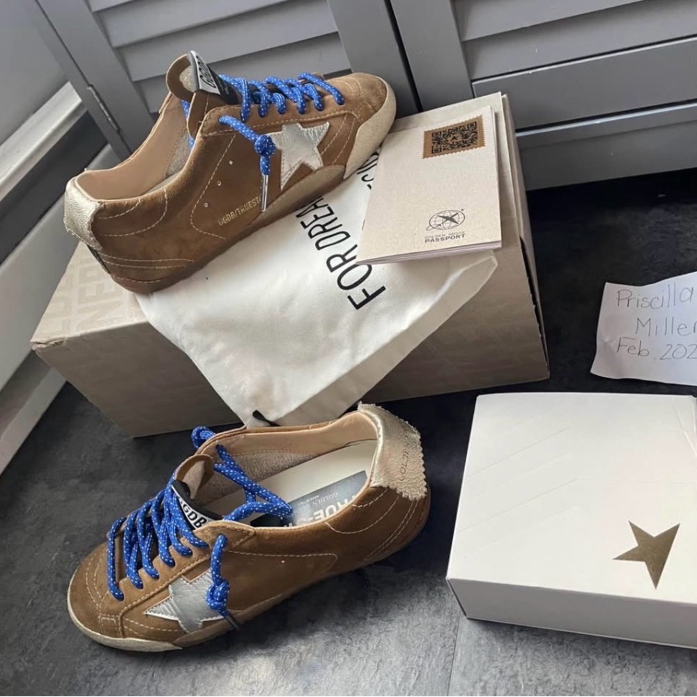Golden Goose Brown Suede Sneakers with White Star and Blue Laces